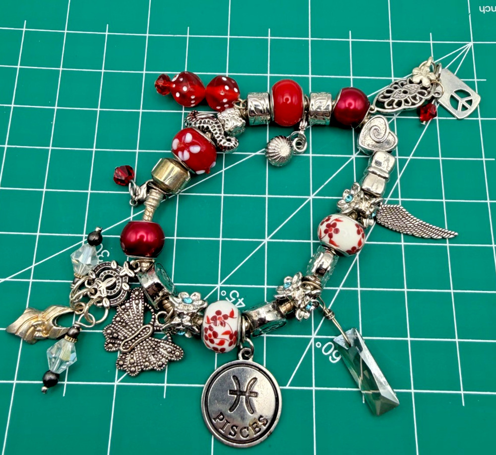Silver Tone Charm Bracelet Pisces Butterfly Dice Feather Bathing Suit Heart Red